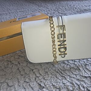 Fendi Cream Wallet with Gold Chain Accent